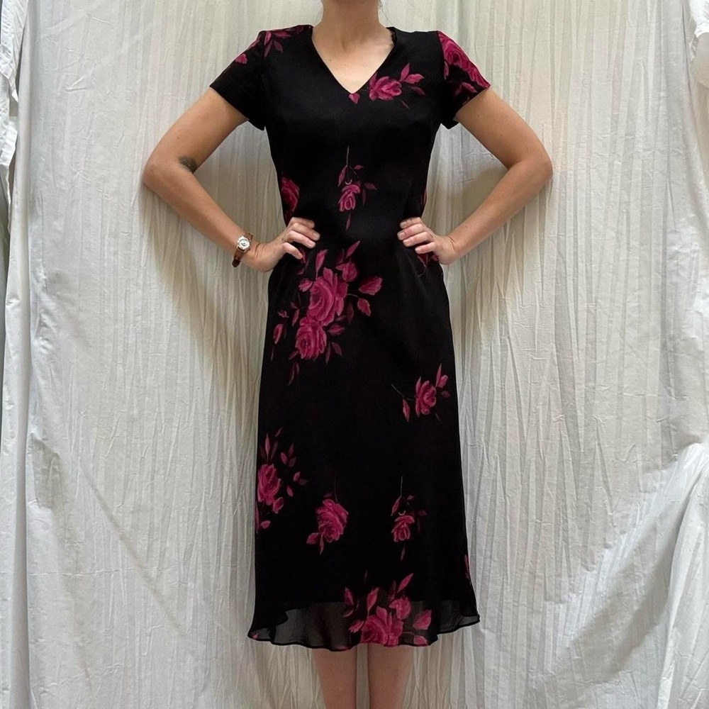 Black and Pink‎ Floral Short Sleeve Midi Dress Vintage 90s Size S